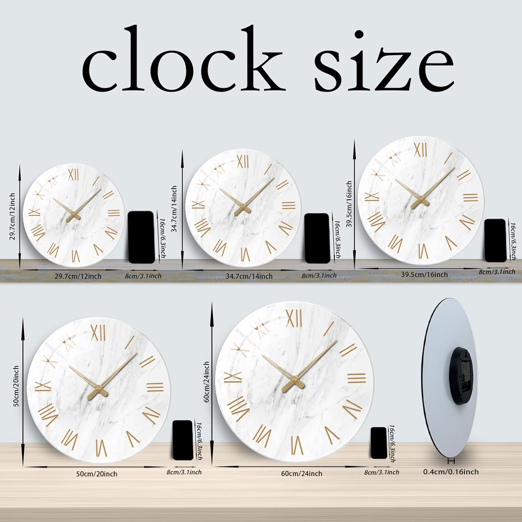 Modern White Tempered Glass Large Wall Clock - 4mm Thickened, 12-24 Inch Marble Texture Silent Clock, Large Size, Battery Powered, Handcrafted, Suitable For Living Room, Aesthetic Room, Bedroom, Office Decorative Clock, Ideal Gift