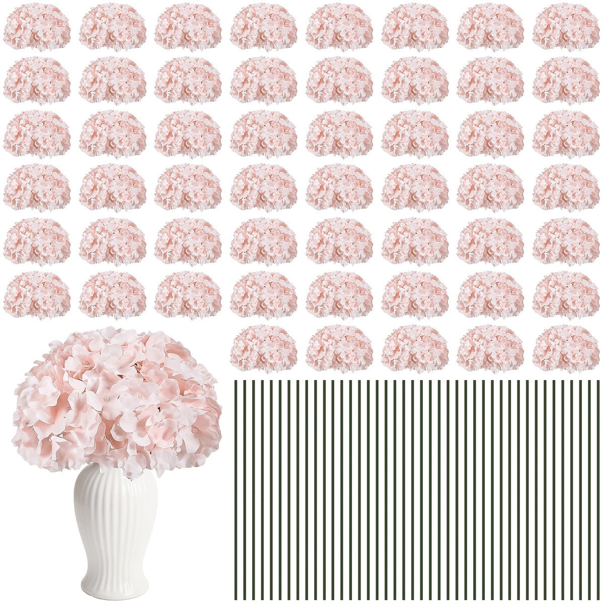 Set of 24 Synthetic Hydrangea Blooms with Stems, Ideal for Wedding Decorations, Home Parties, Baby Showers, And Store Displays. These Floral Arrangements Are Long-Lasting And Can Be Reused, Available in White, Orange, Blue, Dreamy Purple, Champagne