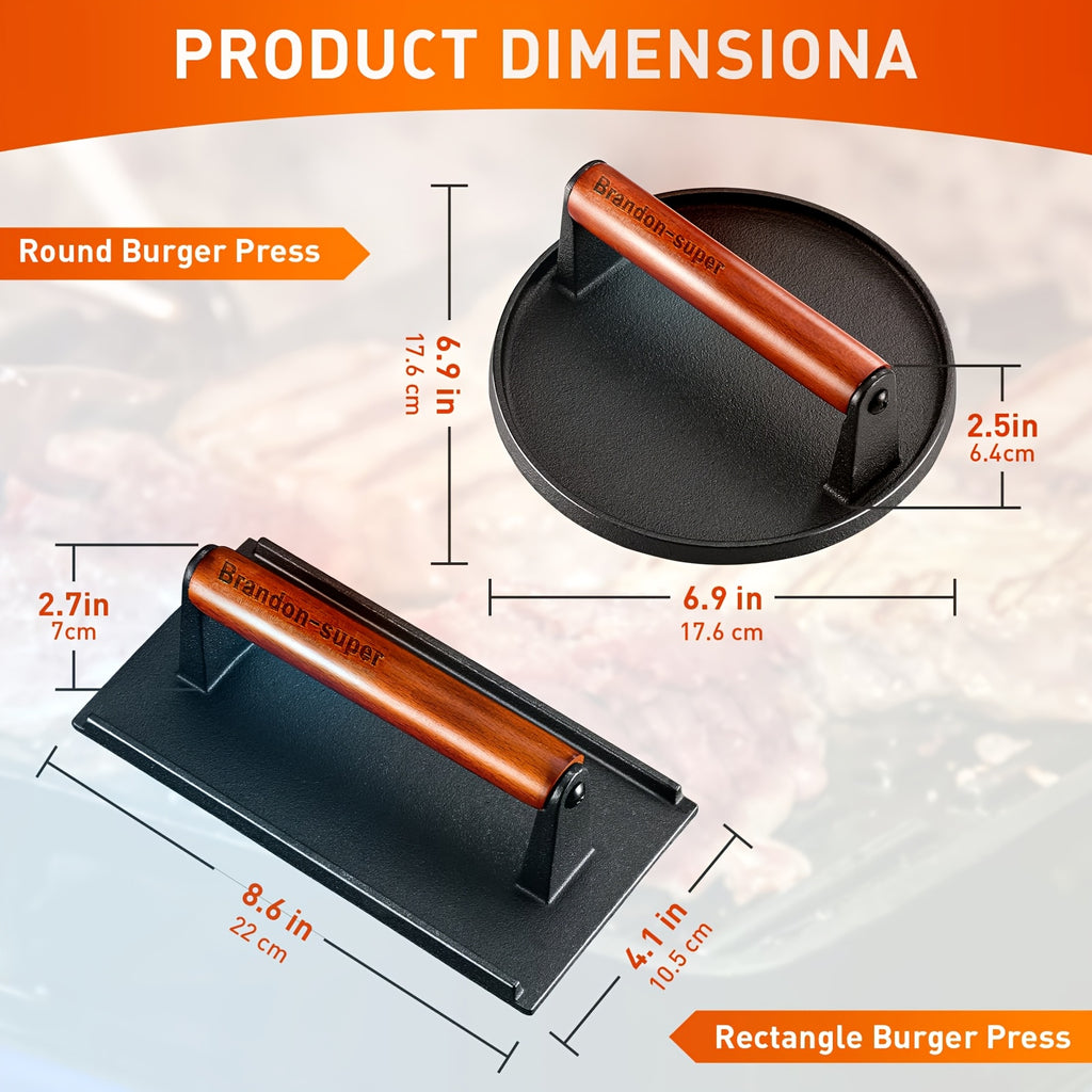 2pcs Cast Iron Burger Press Kit Pressure Plate - Round And Rectangular Heavy Meat Minced Meat with Wooden Handle for Baking Trays, Sandwiches, Suitable for Family Gatherings, Picnics, Camping