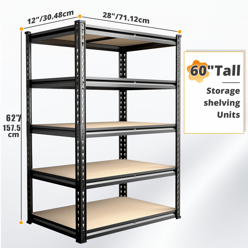 REIBII 2000LBS for garage Shelving Storage Shelves Heavy Duty 5-tier Metal Shelving Units For Garage Shelves 60" H X 28" W X 12" D, Adjustable Utility Shelf Rack For Kitchen Warehouse Basement Pantry Utility Rack Shelf, Black, Standing Shelf