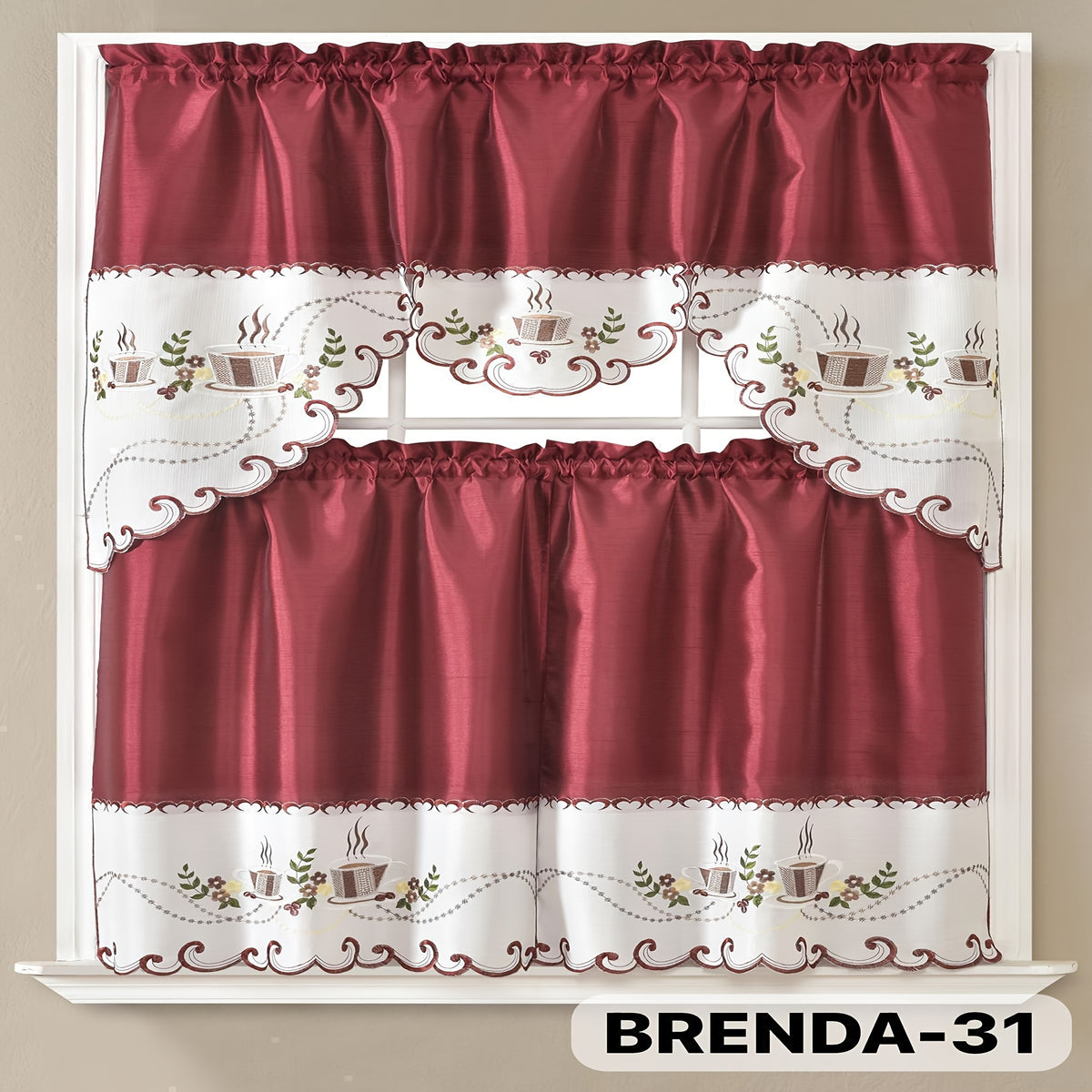 3pcs Bamboo Embroidered Kitchen Curtain Set, Floral Embroidery, Lightweight and Soft, Easy Care, Machine Washable, Satin Fabric, Embroidered