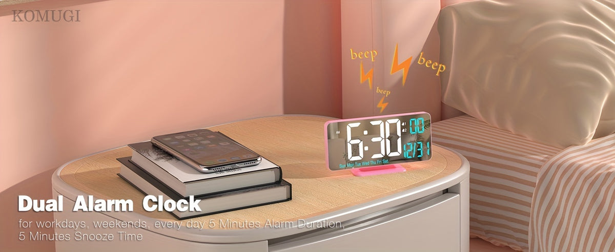 WHEAT Digital Alarm Clock for Bedroom - Corded Electric Desk Clock with LED Display, Date & Temperature, Dual Beep Alarm, Adjustable Brightness, USB Powered with 12/24H Format - Rectangle Plastic Frame
