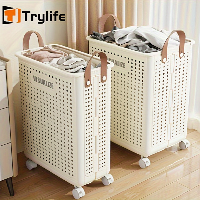 11/15/17.5 Gallon Foldable Laundry Basket with Wheels, Breathable Plastic Rolling Laundry Hamper with Faux Leather Handles, Space-Saving Clothes Storage Bin for Bathroom And Bedroom, Laundry Baskets