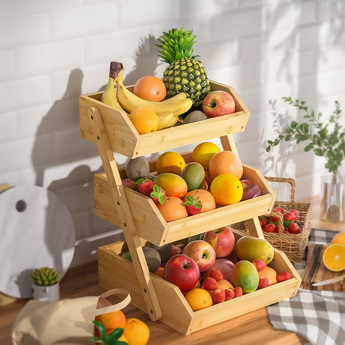 3/2-Tier Wooden Fruit Basket Stand - Large Capacity Kitchen Organizer with Open Slat Design for Vegetables, Bread & Produce | Multi-Level Countertop Storage Shelf - Easy Assembly & Natural Wood Finish