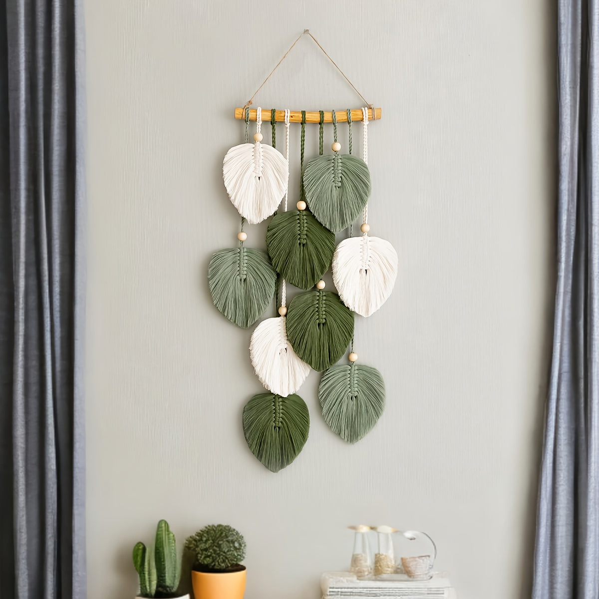 1pc Bohemian Wall Hanging Tapestry - Handmade Green Leaf Design, Natural Themed Acrylic Wall Art for Living Room, Bedroom, Office - Indoor Decorative Tapestry, No Power Needed, Transverse Orientation, Bedroom Wall Decor | Bohemian Style | Acrylic Art, Wal