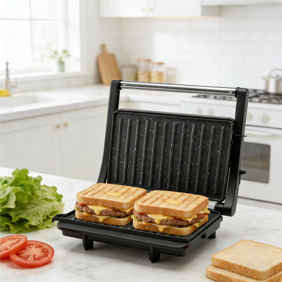 3-in-1 Electric Indoor Grill - Panini Press With Non-Stick Cooking Plates, Opens 180-Degree Gourmet Sandwich Maker, Floating Hinge Fits All Foods, Panini Press Grill With Grease Tray