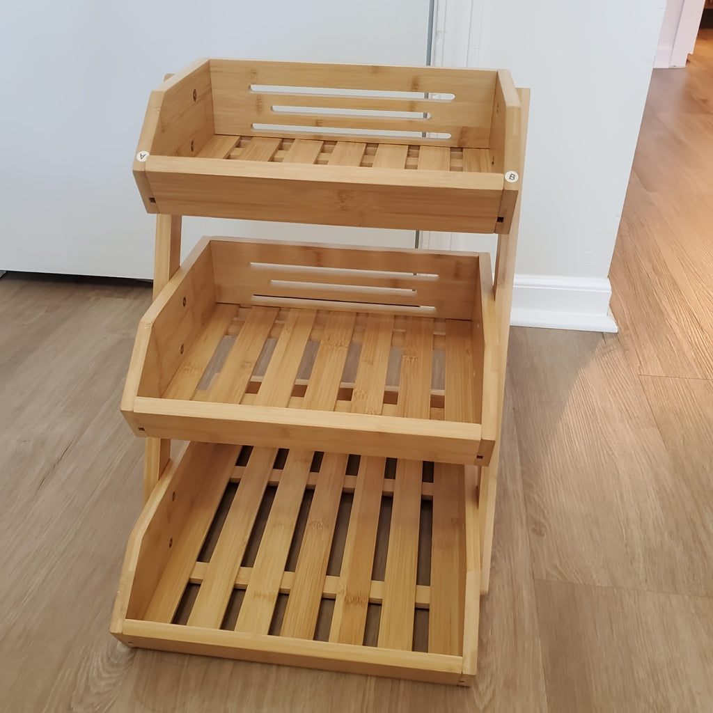Stackable Bamboo Kitchen Organizer 2 Or 3 Tier Space-Saving Storage Rack for Fruits, Vegetables, Bread & Snacks Multi-Tier Bamboo Storage Basket Compact Stackable Display Tray for Kitchen, Pantry Holds Produce, Bakery & Snacks