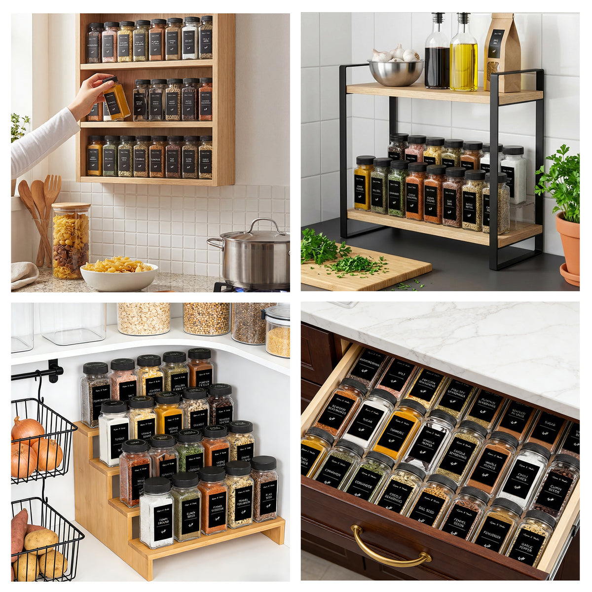 whonline 16pcs/24pcs/36pcs/48pcs Spice Jars, 4oz Glass Spice Jars with Labels - Shaker Lids, Collapsible Funnel, Brush and Marker, Seasoning Bottles for Spice Rack Drawer Cabinet