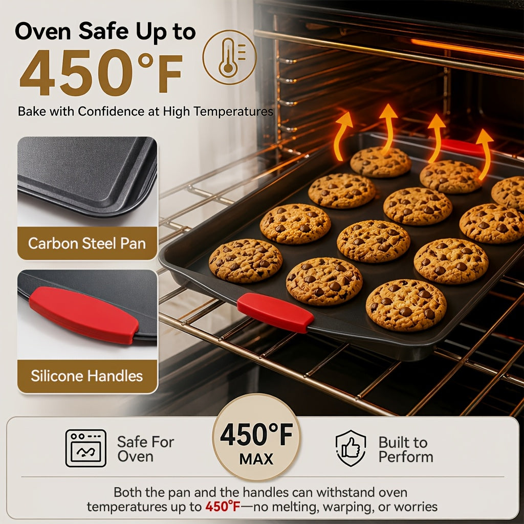 3pcs Nonstick Carbon Steel Oven Baking Pans Set With Detachable Silicone Handles, Premium Non-Stick Steel Bakeware Set, Commercial Grade Restaurant Quality Rimmed Sheets, Easy-Clean Baking Trays For Cookies, Pizza, Cake & Home Kitchen Use