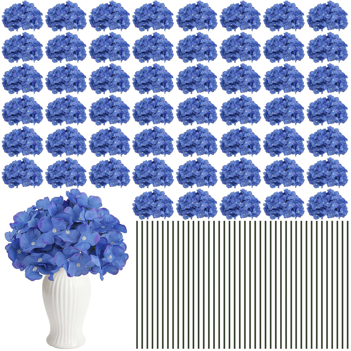 Set of 24 Synthetic Hydrangea Blooms with Stems, Ideal for Wedding Decorations, Home Parties, Baby Showers, And Store Displays. These Floral Arrangements Are Long-Lasting And Can Be Reused, Available in White, Orange, Blue, Dreamy Purple, Champagne
