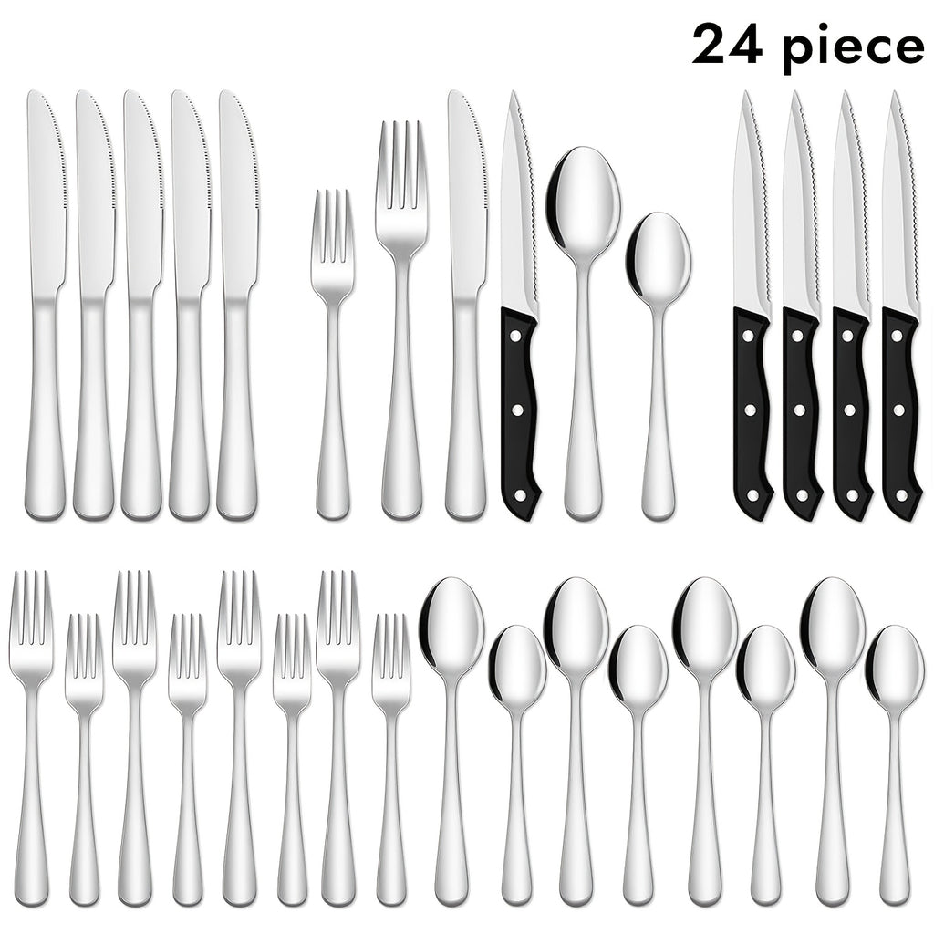 24/48pcs Black Silverware Set With Steak Knives Service For 4/8, Christmas Stainless Steel Flatware Set, Mirror Polished Kitchen Accessories, Home Kitchen Party Eating Tableware Set, Include Fork Knife Spoon Set, Dishwasher Safe (Silver, Black)
