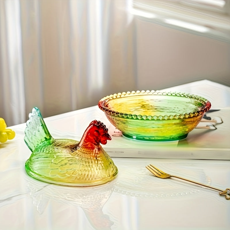 Glass Hen Candy Dish with Lid, Chicken Shaped Storage Jar in Orange, Colorful, Amber or Clear Options for Wrapped Treats, Jewelry and Table Decor