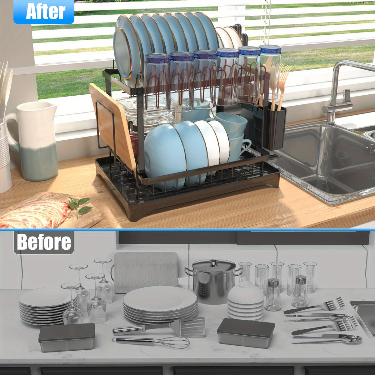 Dish Rack, 2 Tier Utensil Holder, Rustproof Kitchen Dish Drying Rack With Drainboard And Utensil Holder For Kitchen Countertop, Kitchen Accessories