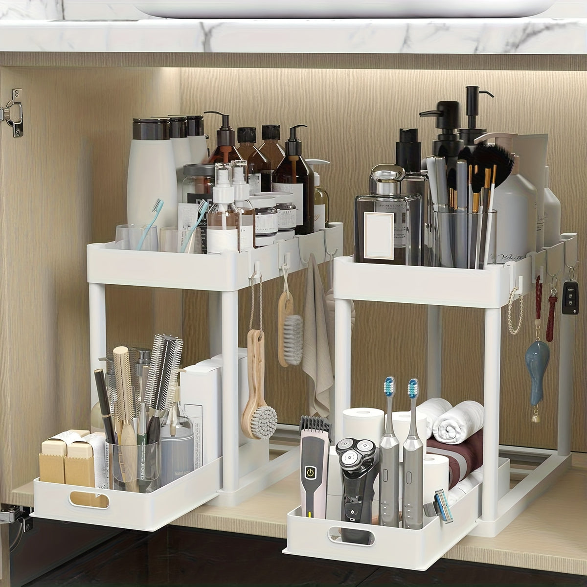 [2pcs Under Sink Organizer] Under Sink Organizer 2pcs, Under Sink Organizers And Storage, Double-tier Sliding Storage Basket, Kitchen Accessories, Kitchen Storage Solutions, Bathroom Organizers And Storage, Storage Rack with 8 Hooks.