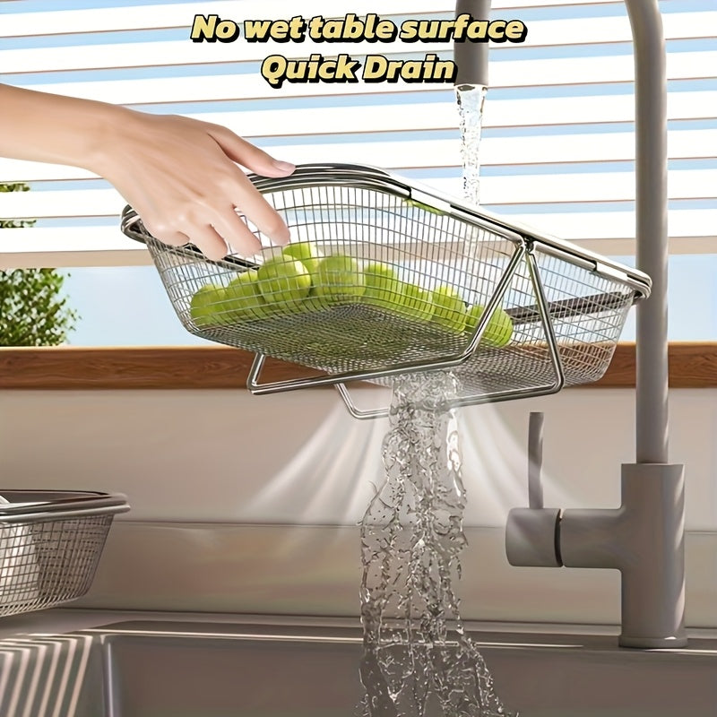 Large Expandable Stainless Steel Colander – Adjustable Folding Design, Portable Telescopic Fruit and Vegetable Rack, Food-Grade Durable Kitchen Essential, Produce Washing Basket, Easy-to-Clean Material