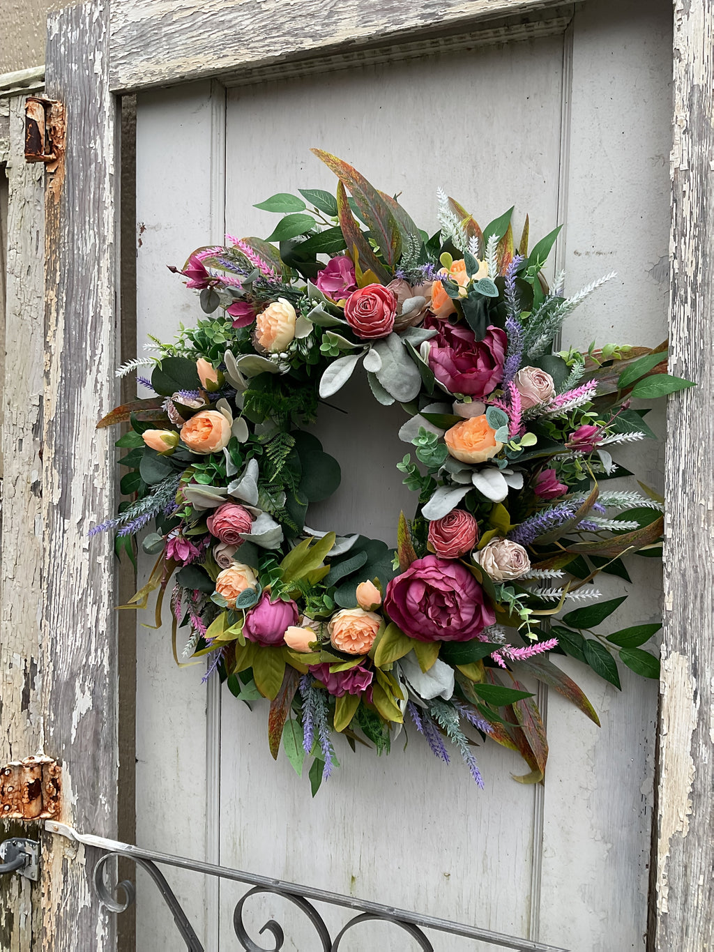 Elegant Peony & Roses Wreath with Pink, Purple, Peach, & Green Foliage - Durable Plastic Farmhouse Door Decoration for Spring Summer Home Decor, Contemporary Floral Wreath with Lush Foliage & Pastel Hues, Easy to Install with Adhesive/Screws, All-Season I