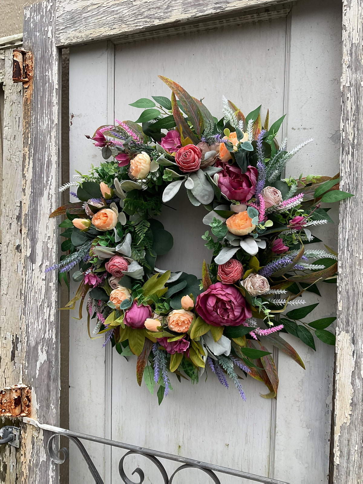 Elegant Peony & Roses Wreath with Pink, Purple, Peach, & Green Foliage - Durable Plastic Farmhouse Door Decoration for Spring Summer Home Decor, Contemporary Floral Wreath with Lush Foliage & Pastel Hues, Easy to Install with Adhesive/Screws, All-Season I
