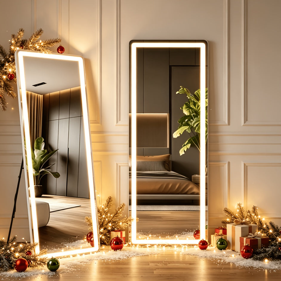 Full Length Mirror, Aluminum Frame - LED Lighted Full Length Mirror - Arched Makeup Mirror - Full Length Makeup Mirror - for Bathroom Bedroom or Living Room, Multiple Sizes, Black/ Golden/ White Available