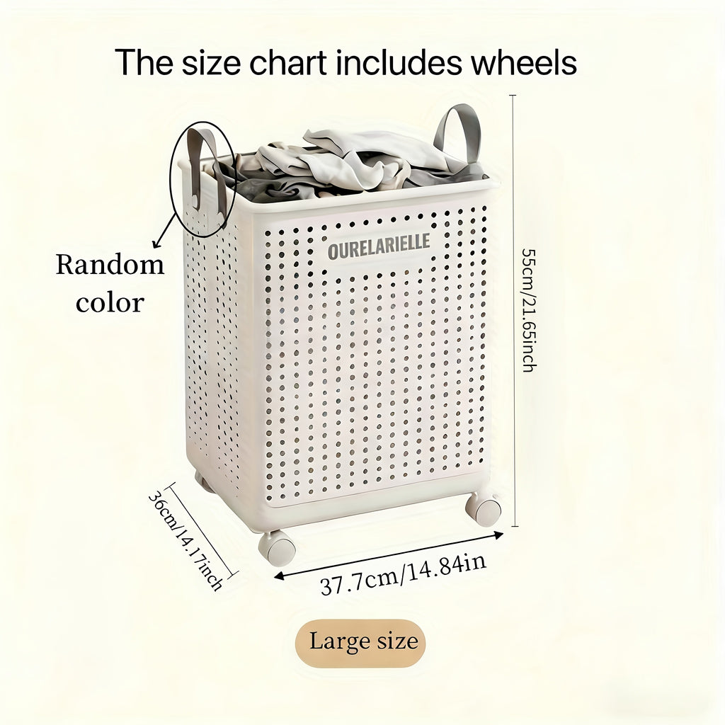 Collapsible Wheeled Laundry Hamper, Ventilated Plastic Clothes Basket in Large or Extra Large, Cream or White for Apartment, Bathroom and Laundry Room Storage