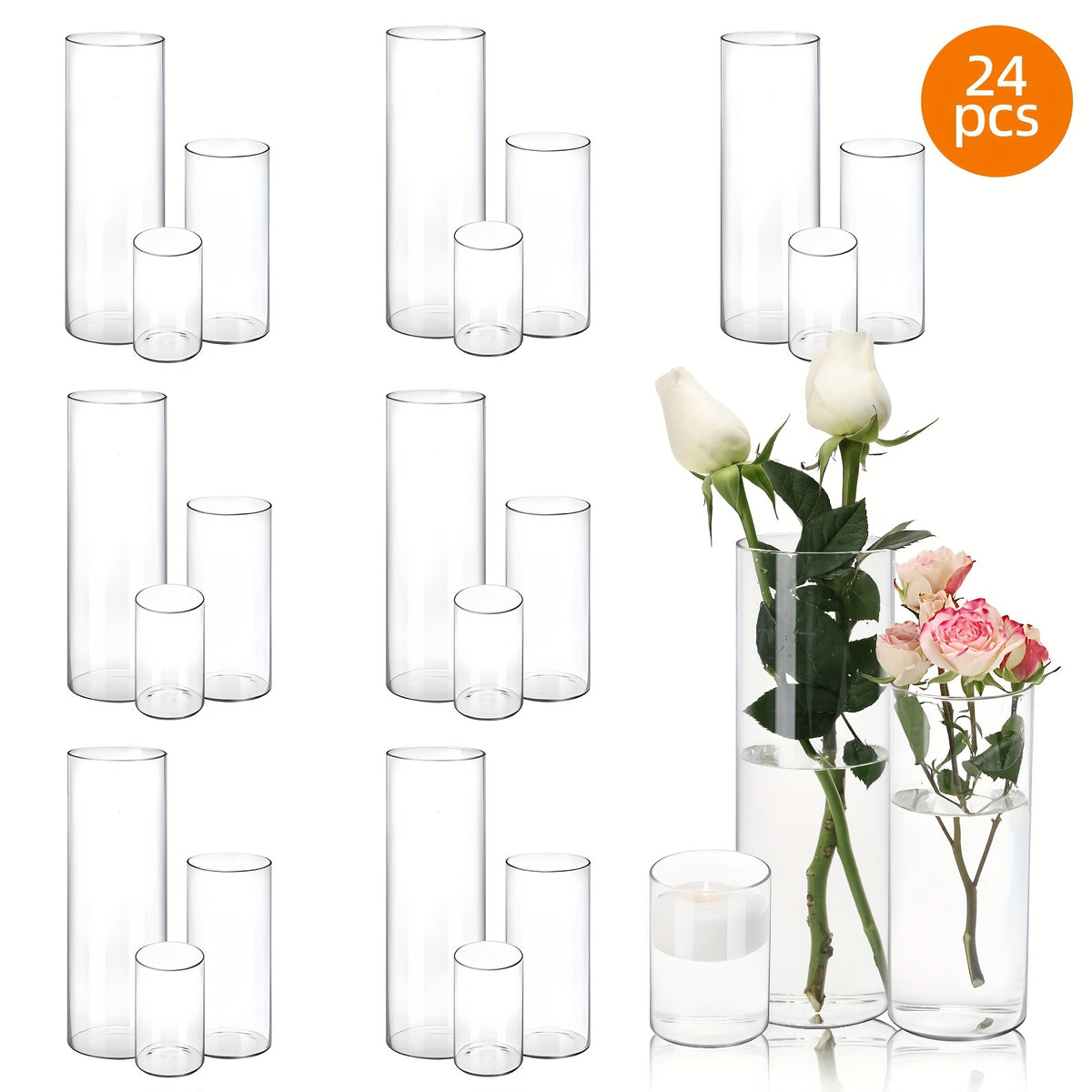 24pcs Clear Glass Cylinder Vases, 4, 8, 12 Inch Tall Cylinder Vases for Centerpieces, Glass Flower Vase, Hurricane Floating Candle Holder Vase for Table Shelf, Party, Wedding, Home Decor, for Valentines Decorations And Gift