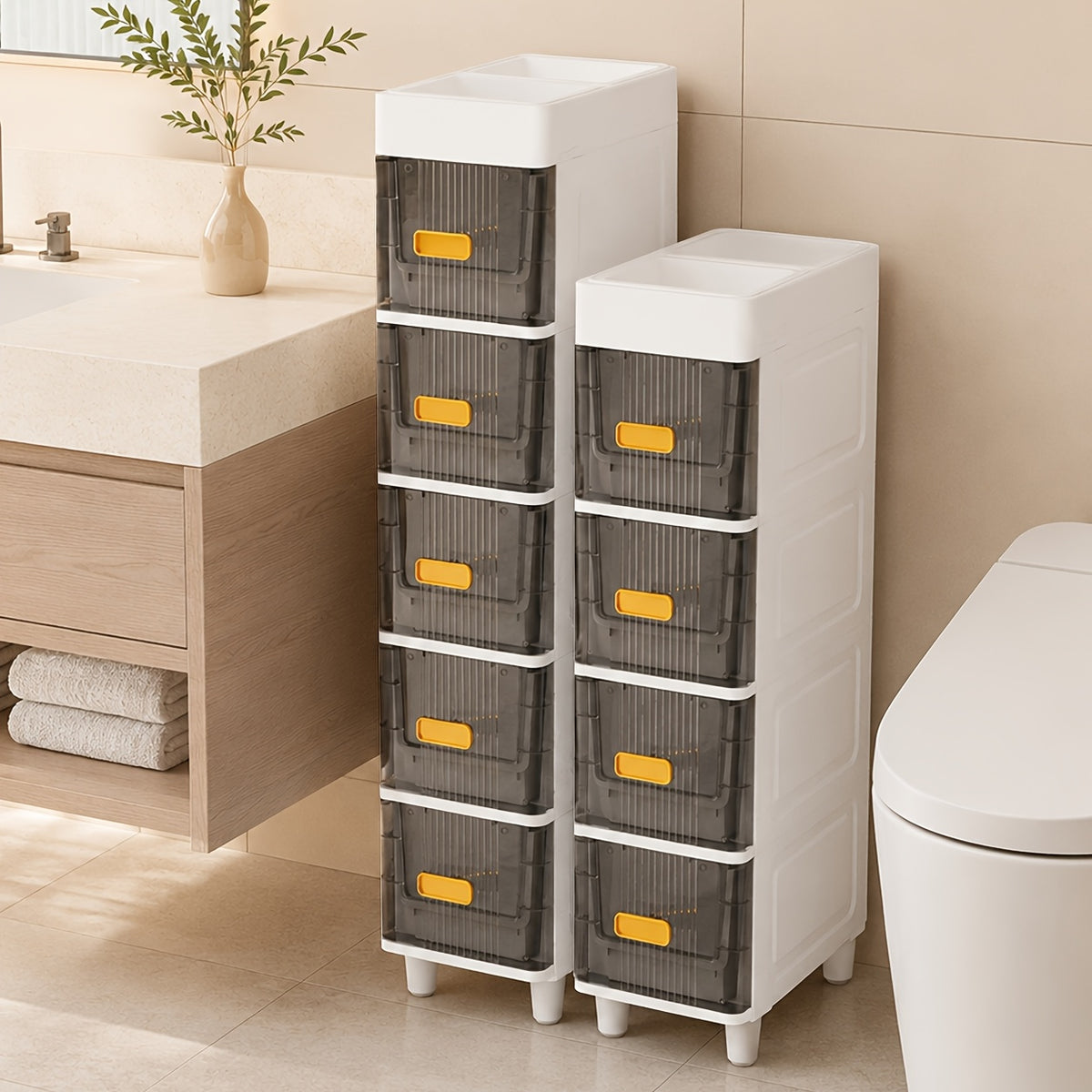 Deluxe Slim Storage Cabinet with Drawers - Durable Waterproof PP Material, Multi-Purpose Organizer with Ample Storage for Bathroom, Kitchen, Personal Care Product Dispensers, and More - Ideal for Small Spaces, Storage Drawer Units