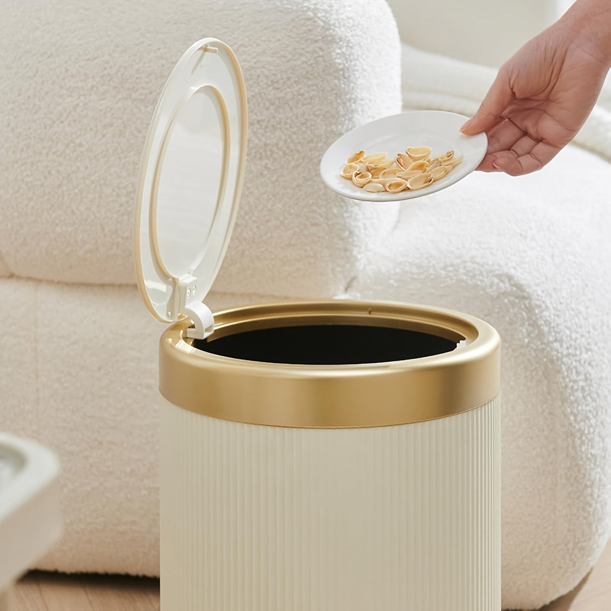 1pc 3.17gal Luxury Large Capacity Push-Lid Trash Can, Dual Inner Buckets, Bathroom Trash Can, Odor-Sealing Oval Garbage Bin, Modern Plastic Waste Container for Kitchen, Bedroom, Living Room, Bathroom. Gifts for Labor Day, Halloween, And Christmas