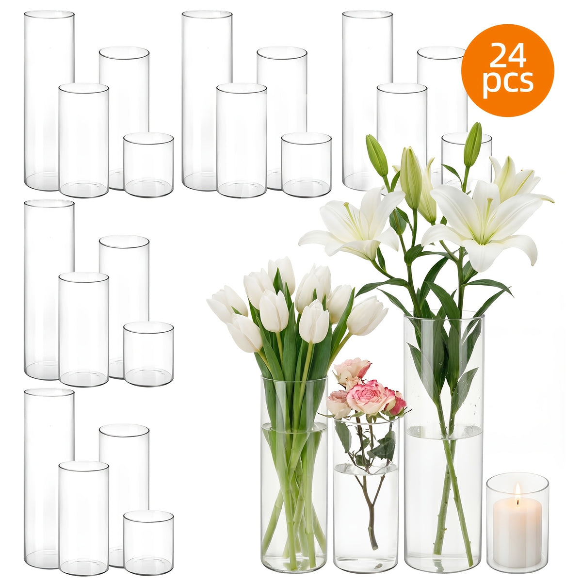 TOMNK 12/24pcs Glass Cylinder Vase 4, 6.8, 9, 12 Inch Glass Candle Holder Clear Vases for Centerpieces Tall Flower Vase for Wedding Home Decor Party 4 Different Sizes, Suitable for DIY Candle Making