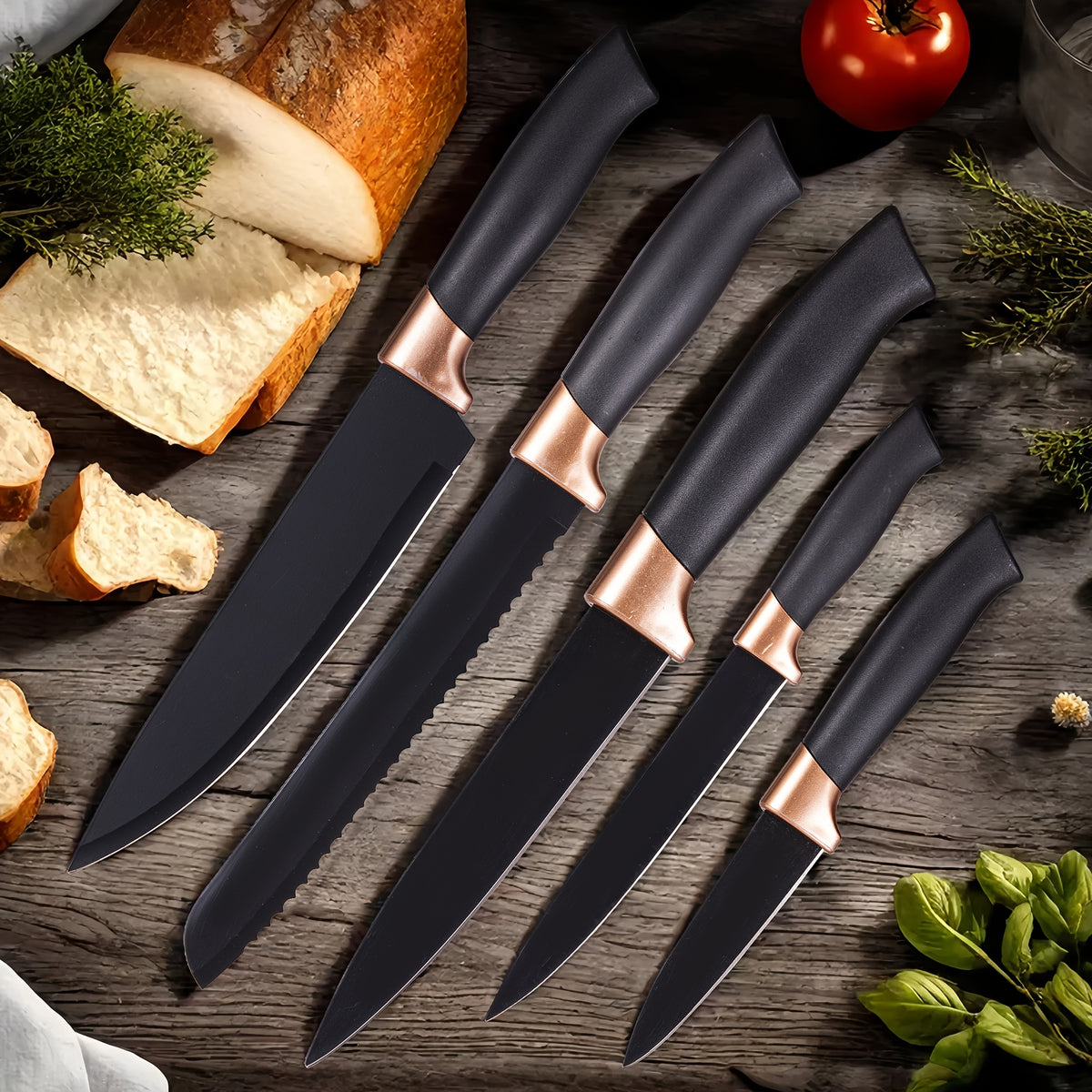 19pcs Kitchen Knife And Utensil Set, Non-Stick Black Knife Set with Wooden Handles, Silicone Cooking Tools, Cutting Board, Scissors And Holder, Best Gift for Parents