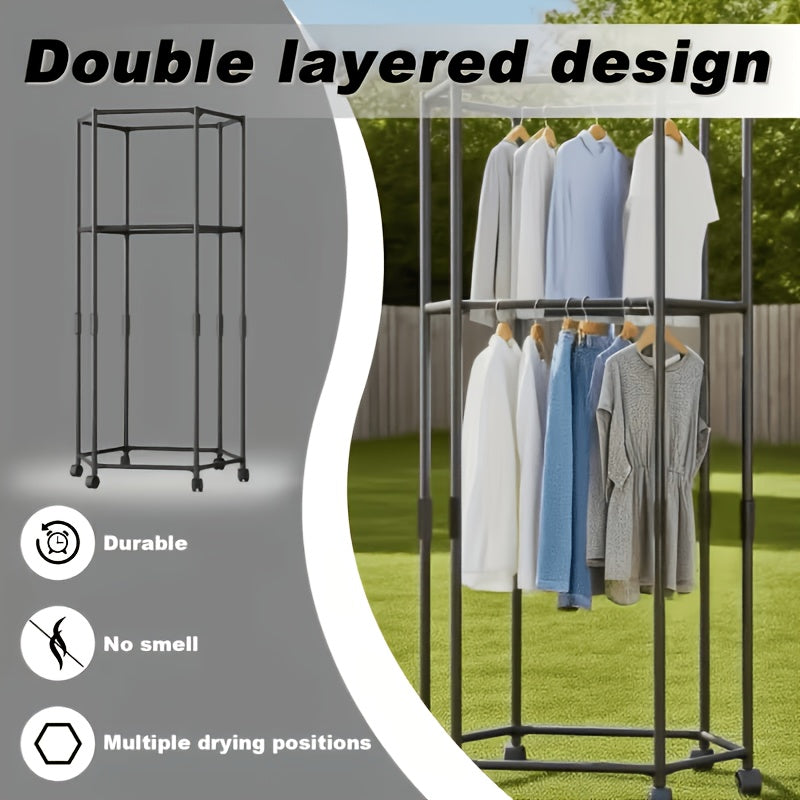 Heavy-Duty Rotating Clothing Rack with Wheels - Freestanding Space-Saving Garment Organizer Suitable for Bedroom, Laundry Room, Commercial Use, Multifunctional Rotating Dresser Rack with Hanging Rods for Coats, Dresses, Pants Storage