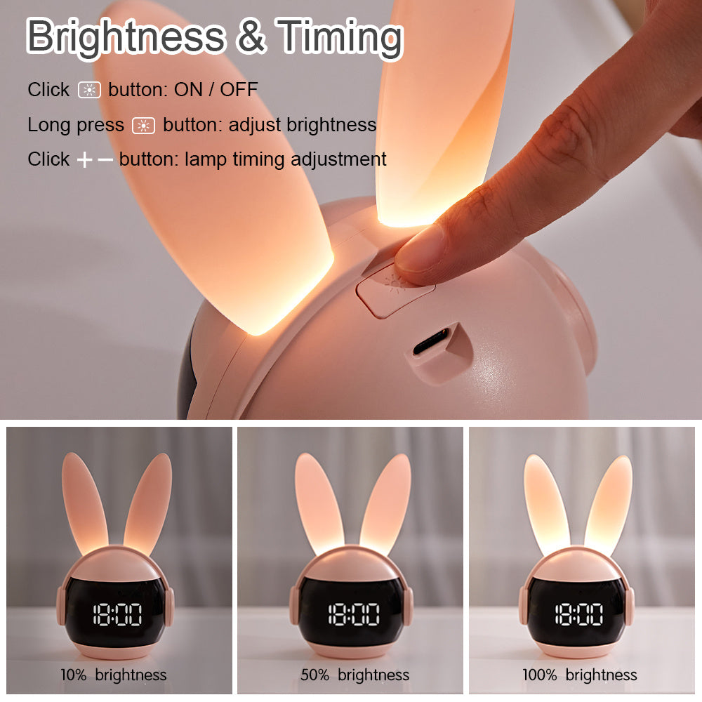Rabbit Ear Alarm Clock with Dimmable Night Light, USB Rechargeable LED Digital Bedside Clock in Blue or Pink for Bedroom and Desk Decor
