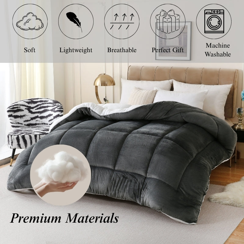 1pc Thick Soft Comforter Plush Flannel Sherpa Comforter, 500g Filling Ultra Breathable All Season Comforter Double-Sided, Box Stitch Solid Color Comforter For Bedroom, Warm For Autumn And Winter Comforter, Gift, Home Decor