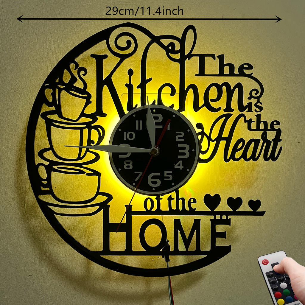 Vinyl Record Wall Clock with Heart of Home Crown Design, Silent Vintage Kitchen and Living Room Decor with Optional 7-Color LED Mood Lighting
