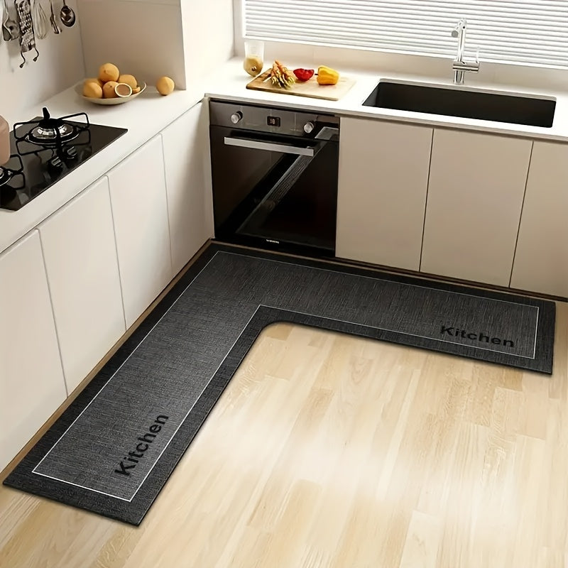 Kitchen mat with "Kitchen" text - Non-slip backing, ultra-soft microfiber, striped and solid colors, irregular shape. Suitable for entryways and dining area entrances - Easy to clean home decor, modern kitchenware style, machine-made for durability