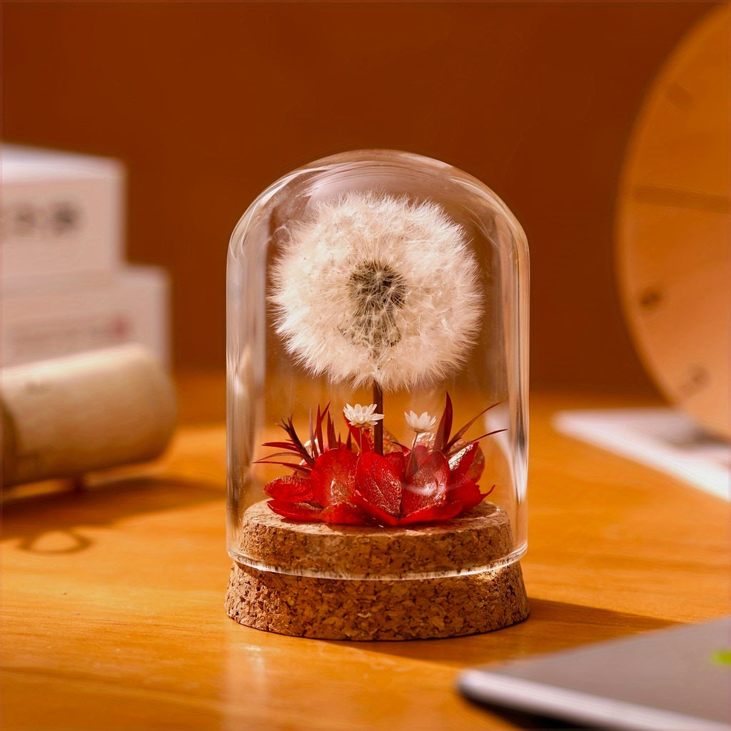 Eternal Dandelion in Glass Dome Decoration - Preserved Floral arrangement with Transparent Display Case, No Electricity Needed Home/Office/Desk Decor - Perfect Gift Box for Mother's Day, Birthday, Christmas, Teacher Appreciation - Long-Lasting Keepsake, F