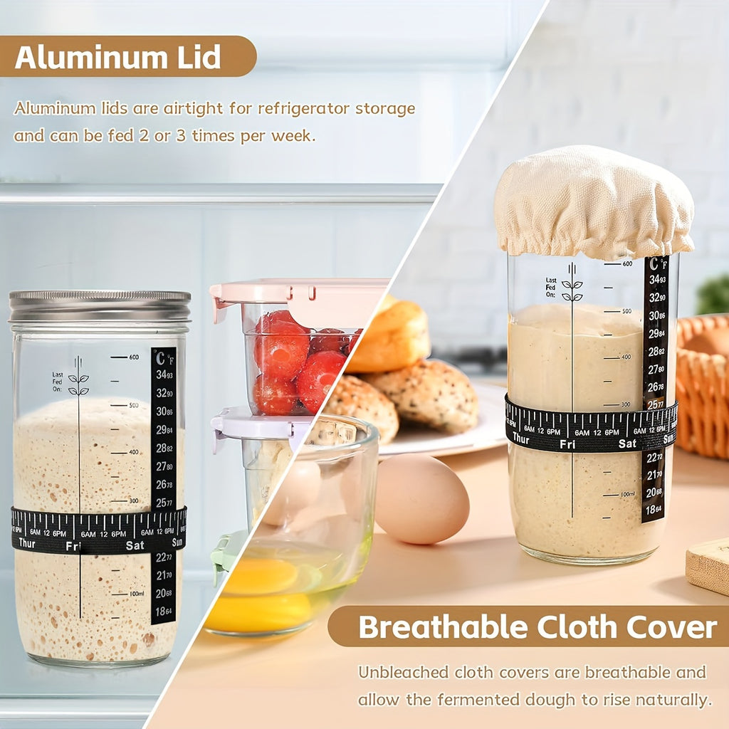 1/2pcs Fermentation Jar 24oz, Glass Jar with Auxiliary Label, Fermentation Jar Kit Set, Thermometer, with Scraper, Stitched Cloth Lid and Aluminum Lid, Suitable for Bread Baking Supplies, Juice Fermentation Glass Jar