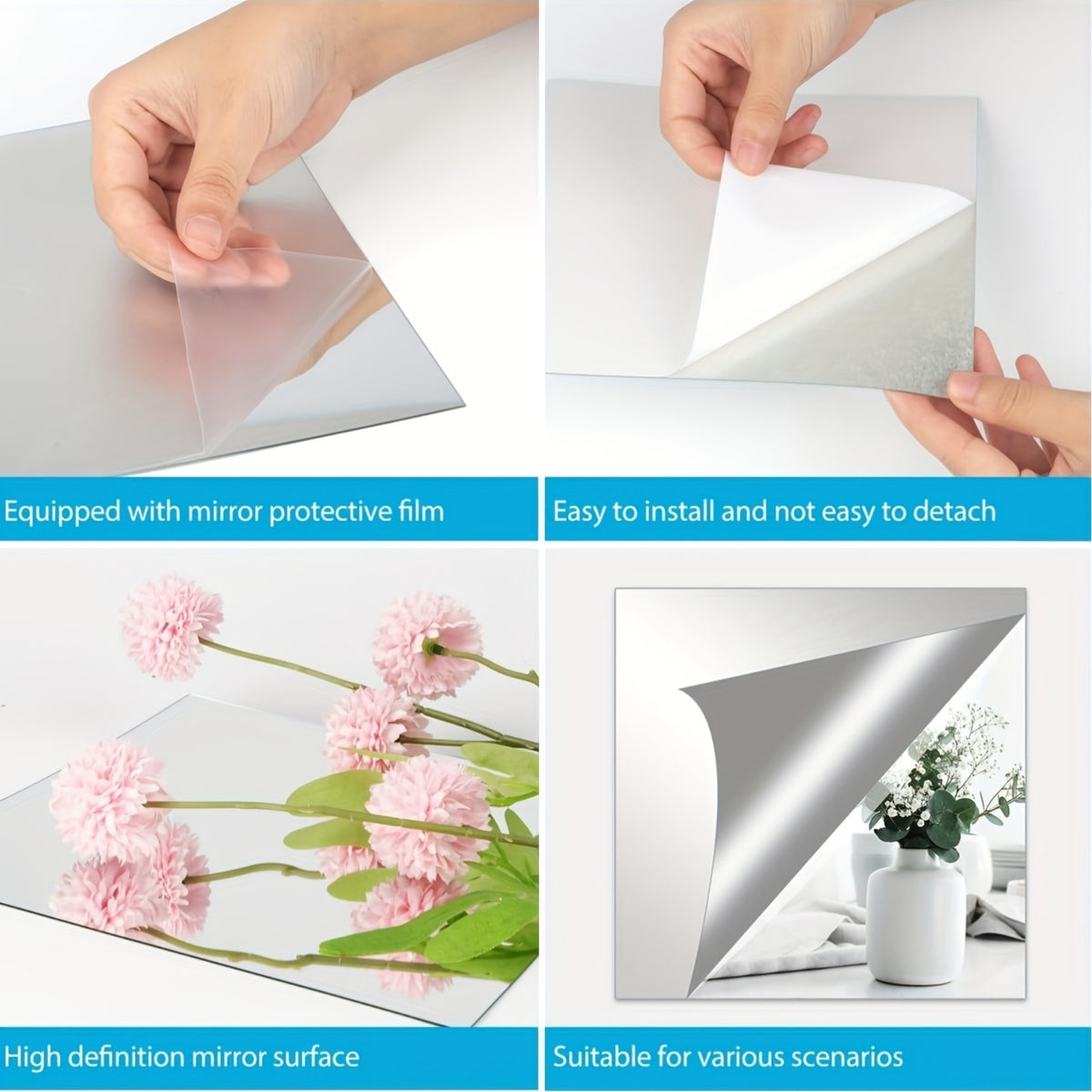 Self Adhesive Mirror Tiles, Frameless Acrylic Stick-On Squares in 4 or 8 Piece Sets for Bedroom, Living Room and DIY Wall Decor