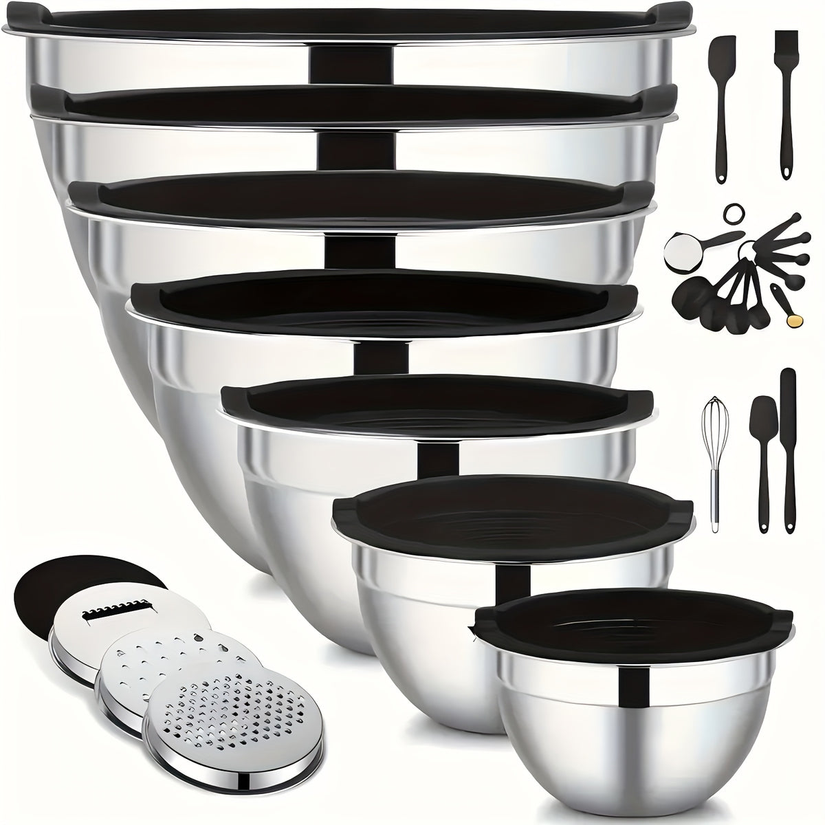 Salad Box A Set of 26 Stainless Steel Mixing Bowl Set with Lids 7 Stainless Steel Mixing Bowls - Includes Grater Attachment, Sealing Lids, Whisk & More, Non-Slip Silicone Base, Dishwasher Safe, Complete Kitchen Kit for Baking, Meal Prep, Holiday Cooking