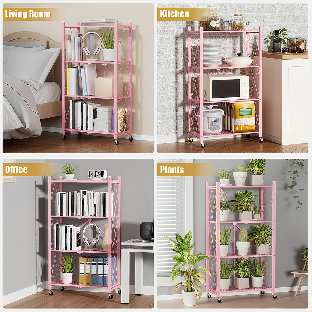3/4/5-Tier Portable Multifunctional Storage Rack, Floor-Standing Storage Rack with Lockable Wheels, Space-Saving, No Assembly, Foldable Storage Shelf with Durable Carbon Steel Frame for Bedroom, Balcony, Garden, Standing Shelf