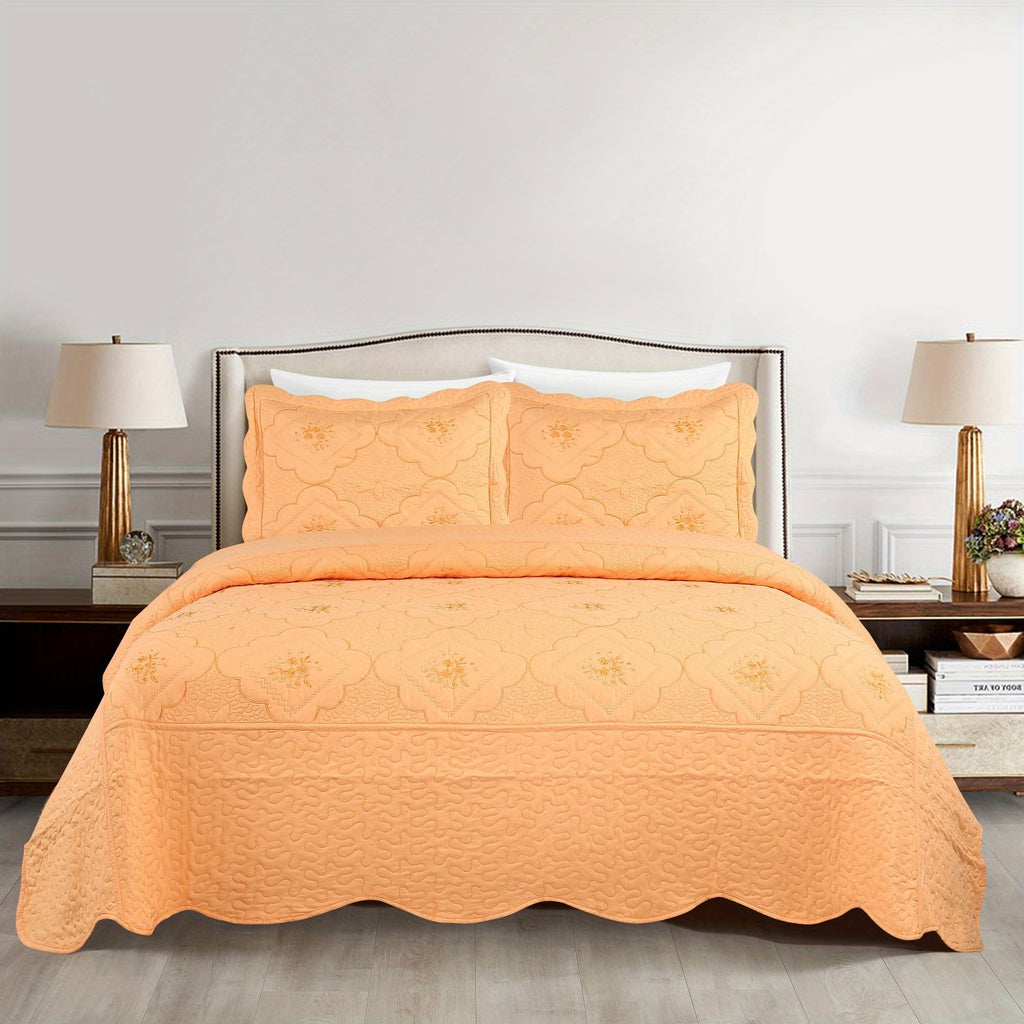 3pcs Exquisitely Crafted King/ Queen Size Quilted Bedspread Set with Intricate Floral Embroidery - 100% Polyester, Wrinkle - Resistant, Lightweight, Perfect for Adding A Touch of Elegance To Your Bedroom Decor
