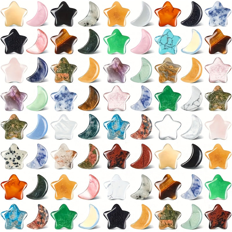 50pcs Random Stone Crystal Set, Star & Moon Crystal Worry Stones, Polished Thumb Gemstones For Meditation, Balancing, Reiki, Witchcraft, And for home Decor