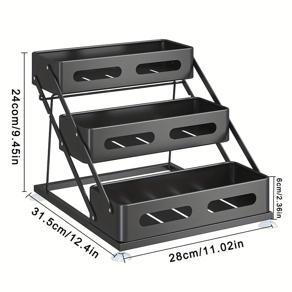 3-Tier Foldable Cast Iron Spice Rack Organizer with Safety Rails - Space-Saving Countertop & Cabinet Storage for Kitchen, Pantry - Durable Painted Finish, Holiday-Themed Design, Kitchen Spice Organizer, Space Saver, Sleek Metal Style, Sturdy Construction