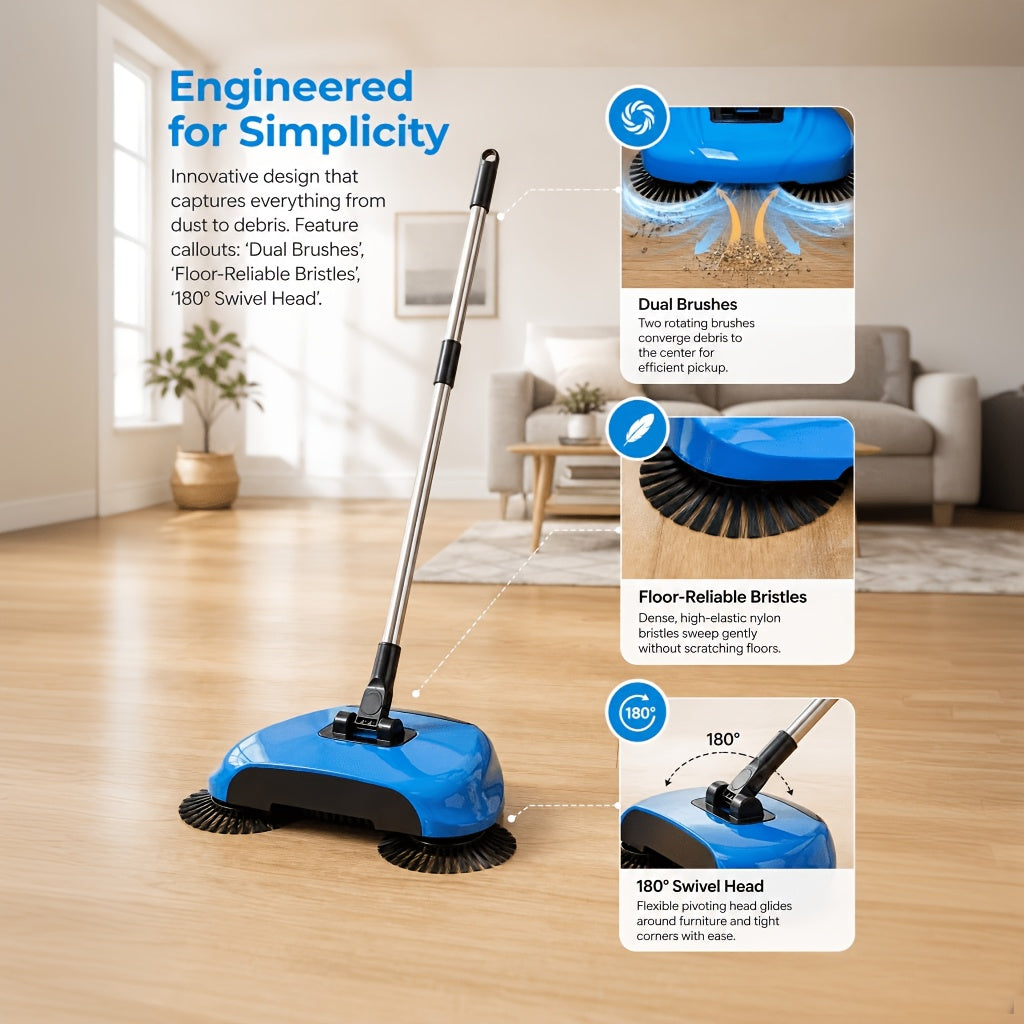 3-in-1 Hand Push Broom, Multifunctional Cleaning Tool Sweep Mop, Long Handle Push Broom with Auto Spiral Deep Clean System, Easy Cleaning Close Fit to The Floor, Ideal for Hardwood, Ceramic, Tiles, Kitchen, Home, Office, Cleaning Supplies