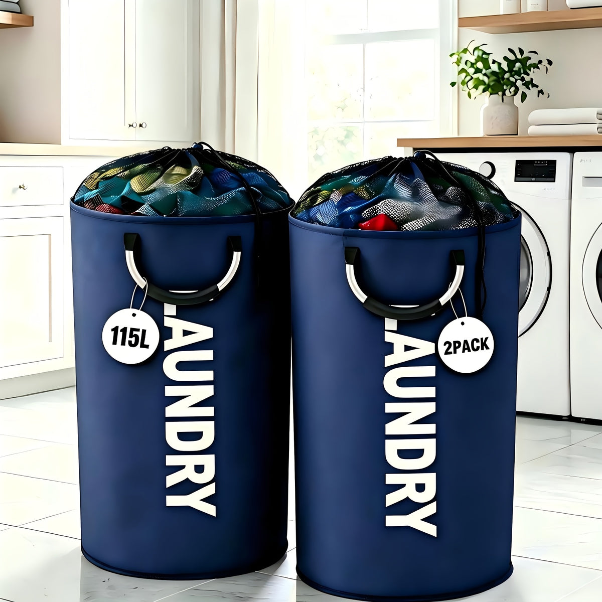 2-Pack Extra Large 25.1gal/30.38gal Foldable Laundry Baskets with New Drawstring Closure Design, Multi-Purpose Fabric Clothes Storage Baskets for Bathroom, Bedroom, Outdoor, And Dorm (Space-Saving Design); Each with Ring Handles, Premium Laundry Storage B