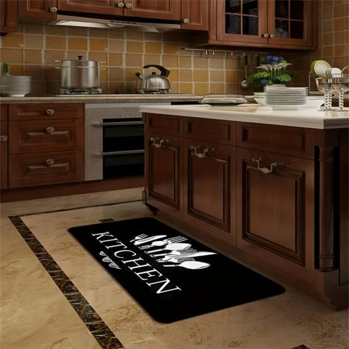 3pcs Kitchen Alphabet Theme Mat Set, Knife And Fork Pattern, Musthave for Home, Non Slip, Soft, Easy to Clean, Suitable for Bedrooms, Living And Dining Room, Kitchen, Bathroom, Gift for Friend And Family, Kitchen Accessories, Halloween Decorations