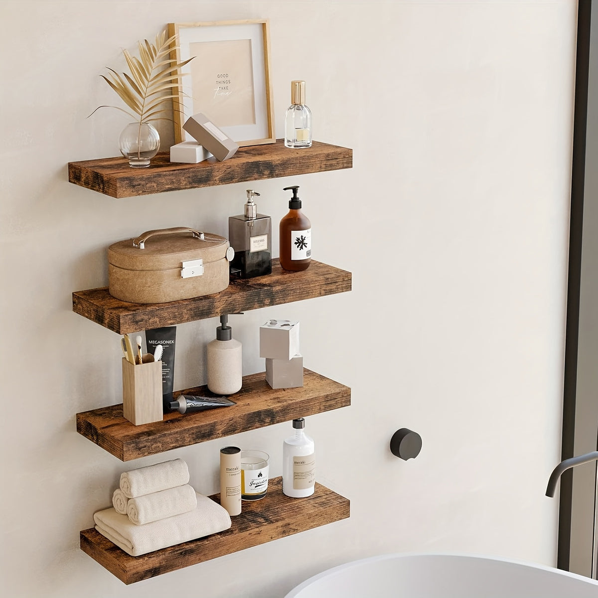 4pcs 15.8in Floating Shelves for Wall, Brown Wall Mounted Shelf with Invisible Shelf Bracket, Wall Shelves for Bathroom, Living Room, Bedroom, Kitchen, Office Decor