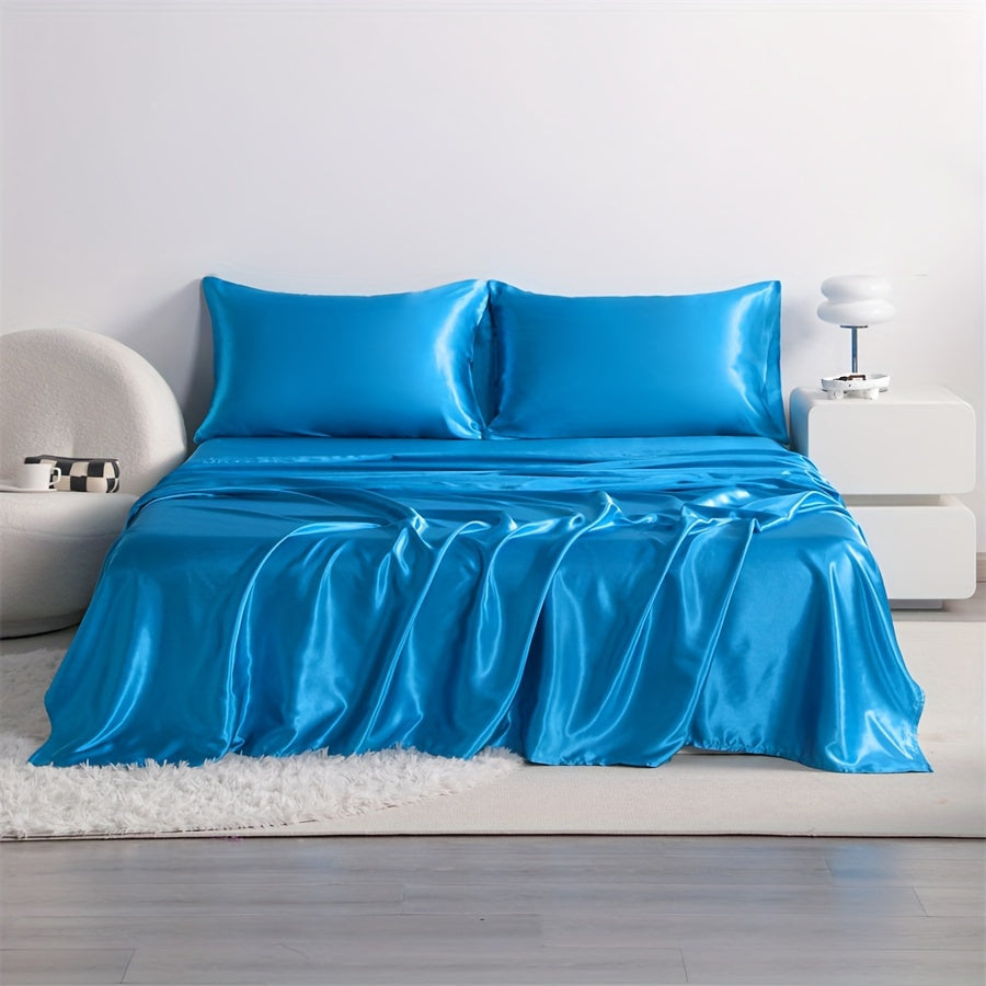 4pcs Cooling Satin Bed Sheet Set, Shrink-Resistant, Fade-Resistant, Hypoallergenic, Breathable,Flat Sheet & Fitted Sheet & Pillowcase Set with Deep Pocket, 300 Gsm