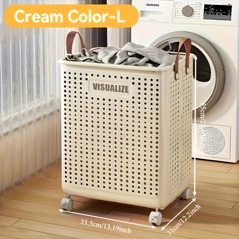 11/15/17.5 Gallon Foldable Laundry Basket with Wheels, Breathable Plastic Rolling Laundry Hamper with Faux Leather Handles, Space-Saving Clothes Storage Bin for Bathroom And Bedroom, Laundry Baskets