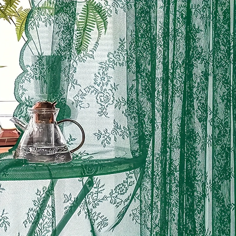 Set of Two White Lace Curtains with Floral Designs, Featuring a Bohemian Style And Semi-Transparent Fabric That Filters Sunlight. Suitable for All Seasons