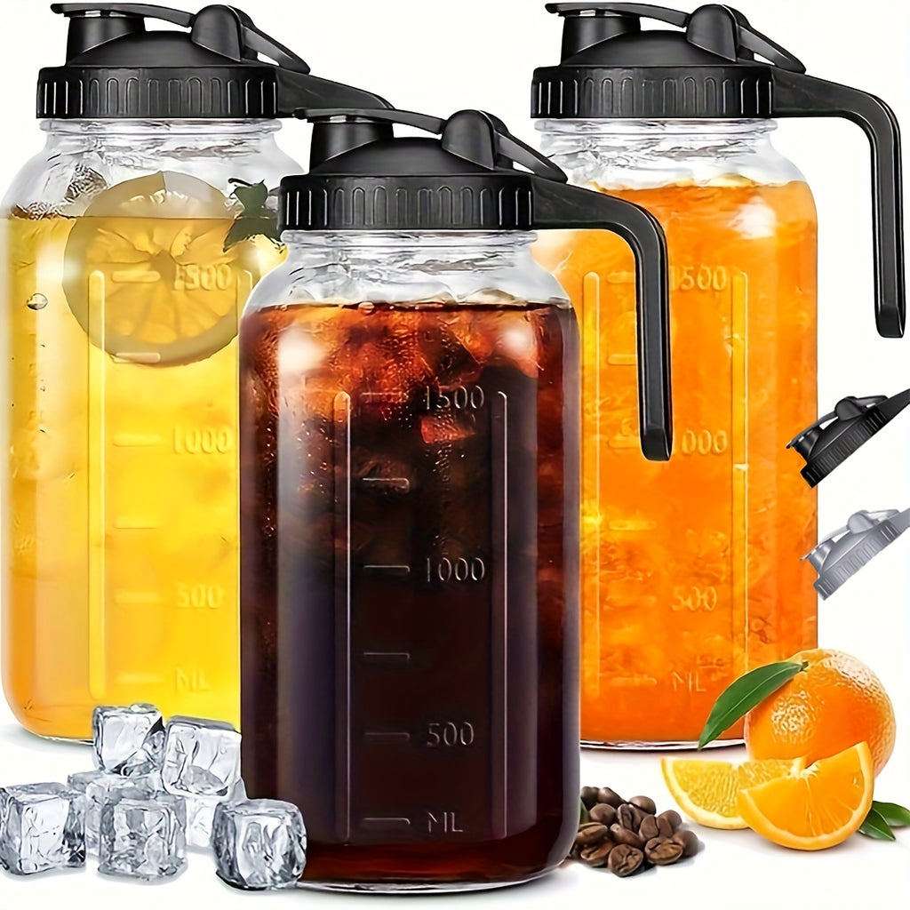 2/3pcs Thickened Glass Water Pitcher, Black/Gray, 64oz Mason Cold Brew Bottle, with Sealed Leak-Proof Lid, Lead-Free Glass Material, Breast Milk Jug, Refrigerator Storage, Coffee, Family Dinner Water Cup (2/3pcs)
