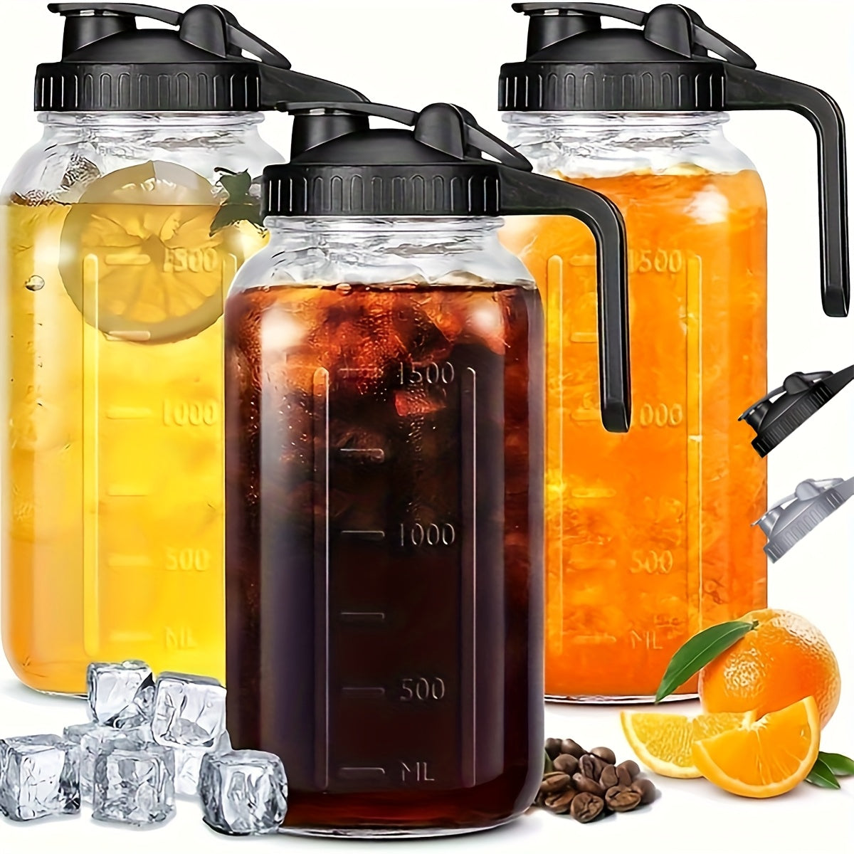 2/3pcs Thickened Glass Water Pitcher, Black/Gray, 64oz Mason Cold Brew Bottle, with Sealed Leak-Proof Lid, Lead-Free Glass Material, Breast Milk Jug, Refrigerator Storage, Coffee, Family Dinner Water Cup (2/3pcs)